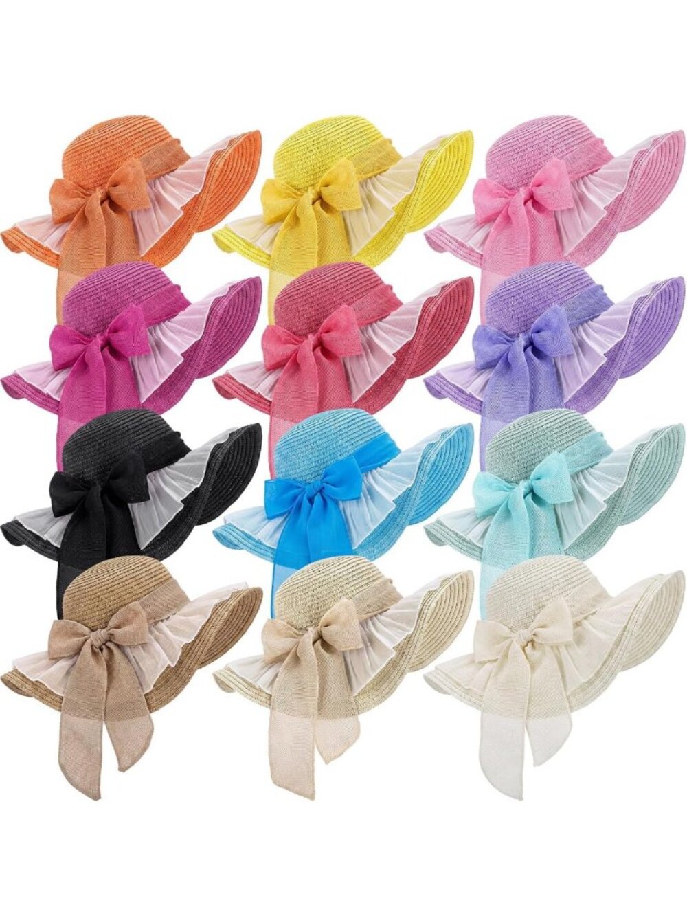 12 PCS Women's Floppy Wide Brim Straw Sun Hats for Beach, Pool & Vacation